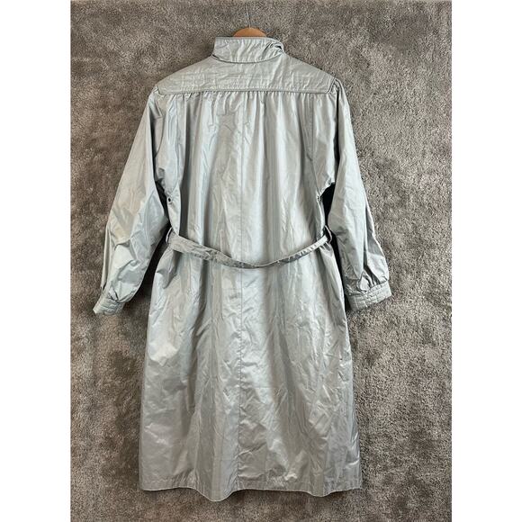 Vintage 80s Changing Scene Silver Nylon Raincoat Belted Trench Coat 12 L Large - Picture 3 of 13